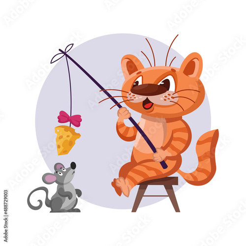 Cat catching mouse on fishing rod with cheese. Illustration with cartoon animals.