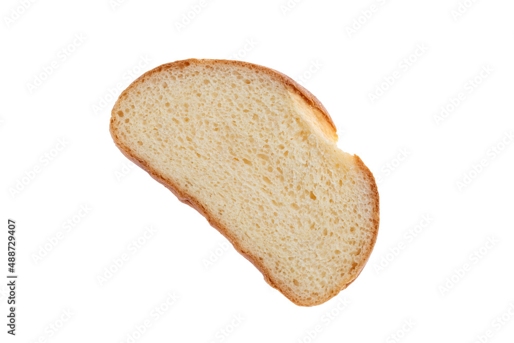 Slice of white bread isolated on white background, long loaf. Single object from above, top view. Slice of white bread isolated on white background, long loaf. Single object from above, top view.