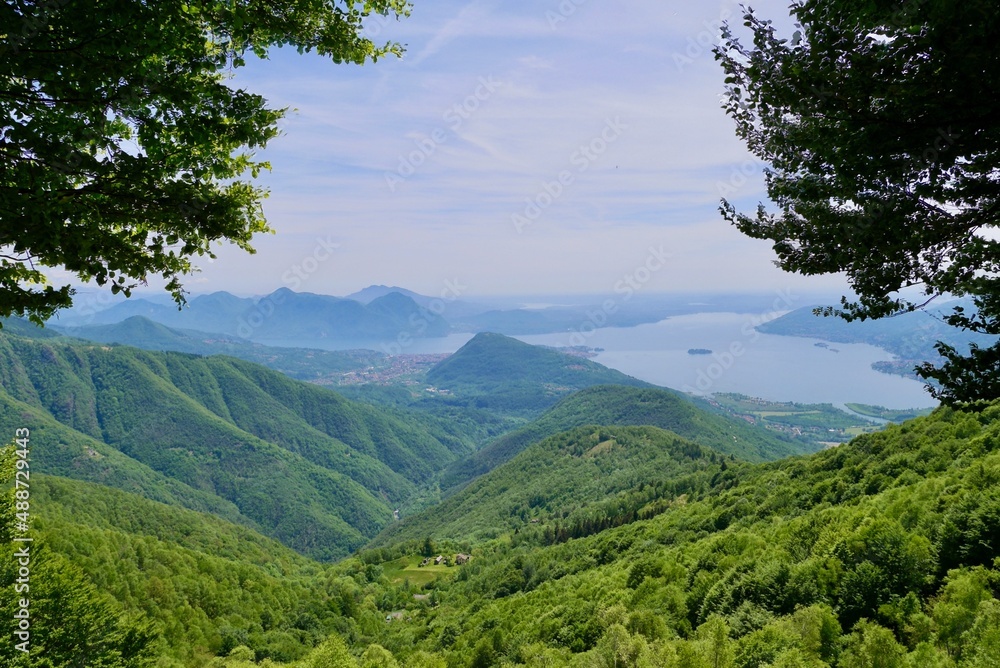 Breathtaking view of lake Maggiore and lake Orta and on top of Monte Faje, Piedmont, Italy.