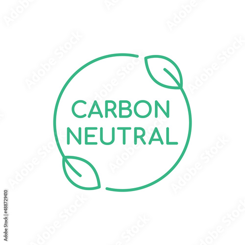 Carbon neutral sign or icon. Green leaves in a circle. Biodegradable product packaging symbol. Clean energy concept. Zero emission. Eco friedly product logo. Vector illustration, thin line, clip art.