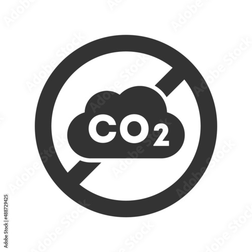CO2 banned icon. Carbon dioxide sign crossed out inside circle. No CO2 symbol. Carbon offset concept. Zero emission. Greenhouse gases reduction and prohibition. Vector illustration, flat, clip art. 