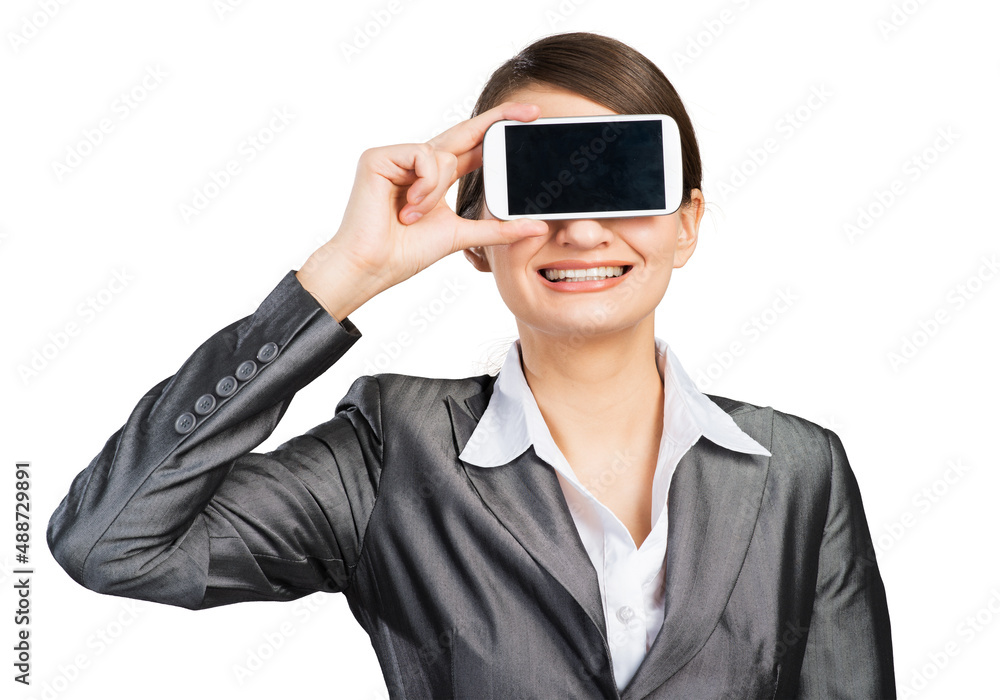 Woman covering her eyes with smartphone Woman covering her eyes with smartphone