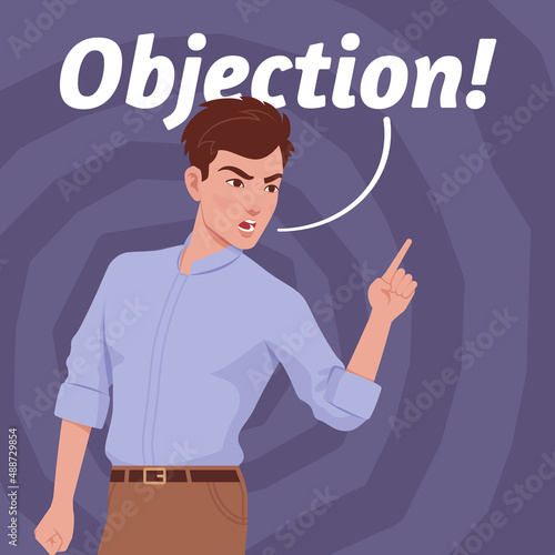 Young handsome businessman portrait, objection phrase, disagreeing gesture. Smart student, guy in formal office wear full sleeves shirt. Vector flat style creative illustration, abstract background photo