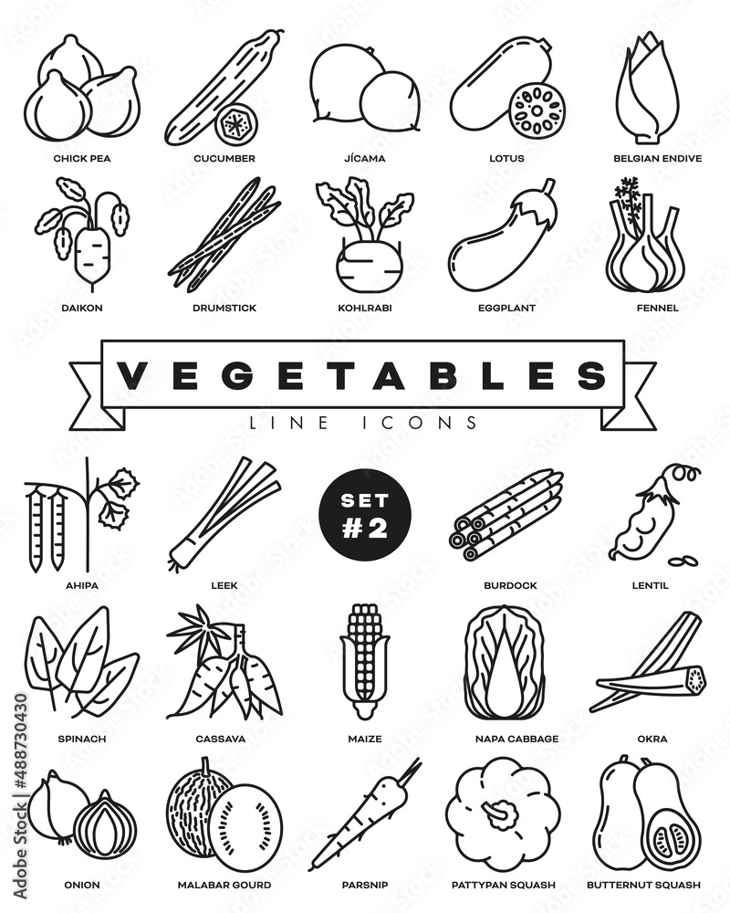 Φωτογραφία Variety of vegetables line icons collection, set 2 of 3