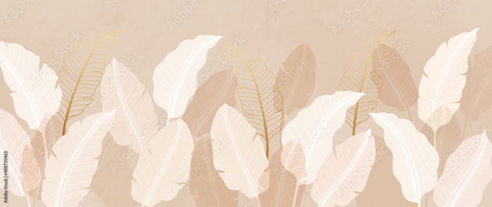 Luxury summer jungle background. Botanical exotic forest with tropical leaves and branches in warm tone and gold line art style. Watercolor texture design for banner, wall art and poster. - obrazy, fototapety, plakaty 