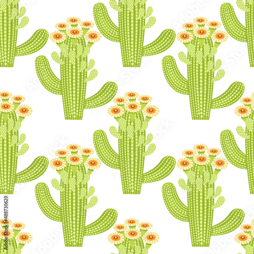 Seamless pattern of blooming cactus. Cacti on a white background. Bright repeating texture with green plants. Flat image. Vector.