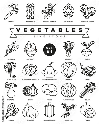 Variety of vegetables line icons collection, set 1 of 3