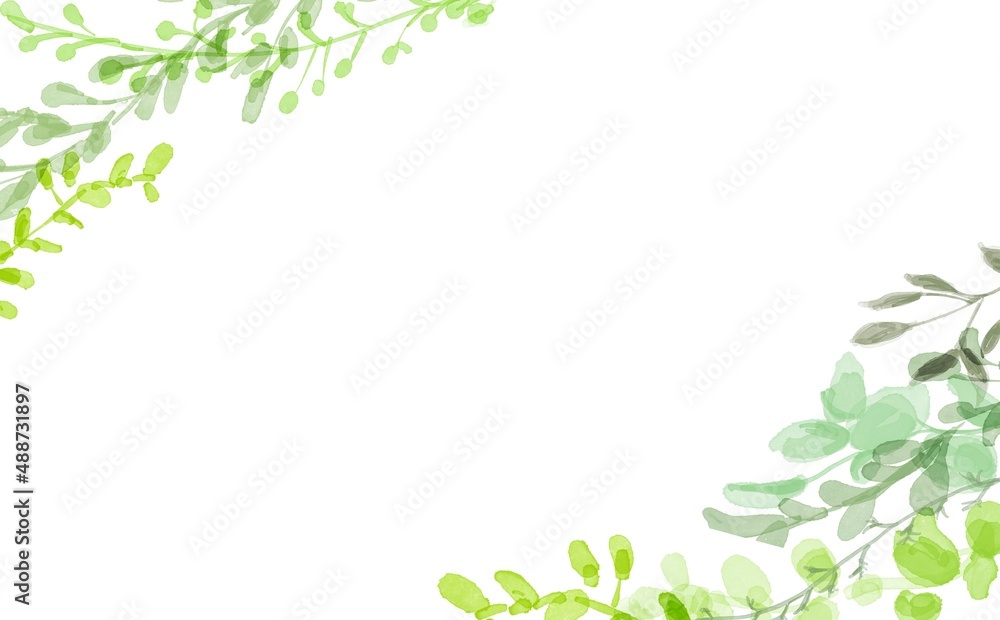 水彩画。水彩画で描いた草木の装飾フレーム。緑のハーブの草木フレーム。Watercolor painting. Decorative frame of plants and trees painted with watercolors. Green herb herbaceous frame.