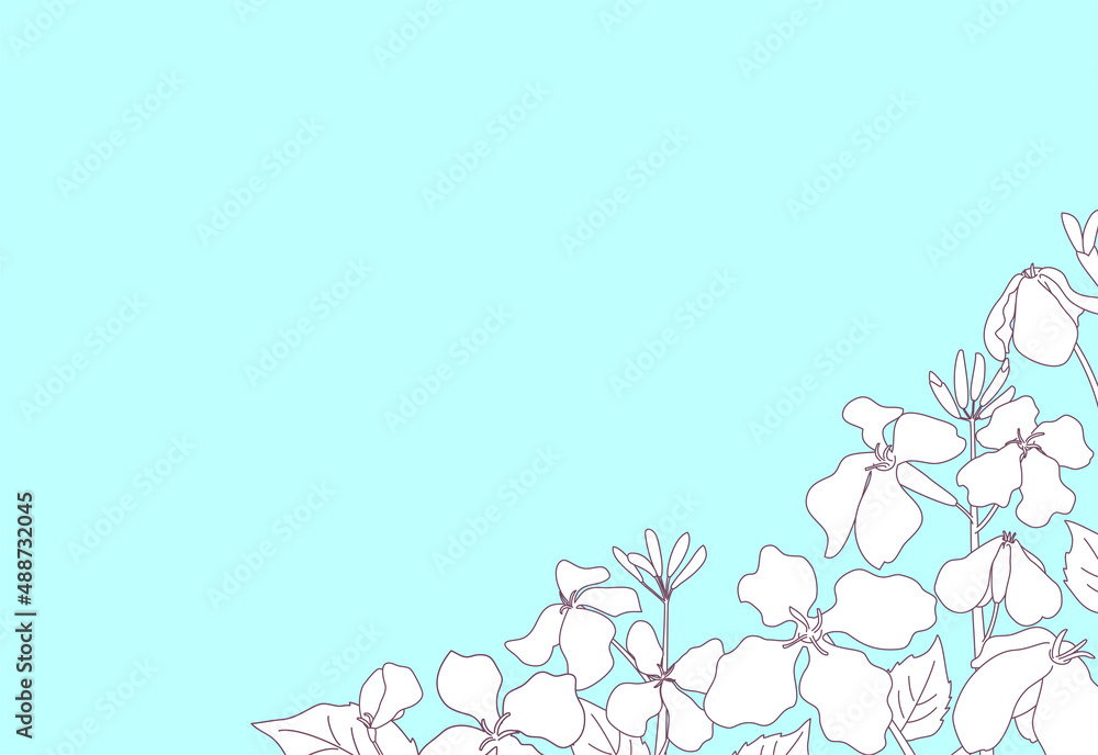 Naklejka premium 春の草花が咲いている風景 線画と水色背景のおしゃれなポストカード