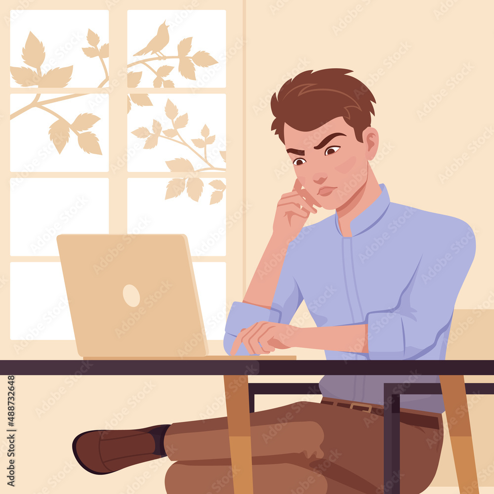 Young handsome businessman, busy working online with laptop at desk. Smart stylish student guy, formal office wear full sleeves shirt. Vector flat style creative illustration, room interior background