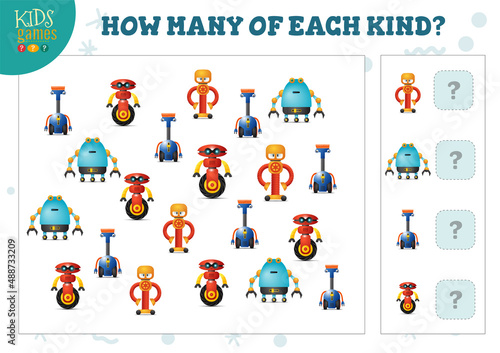 How many of each kind cartoon robot counting game for kids vector illustration