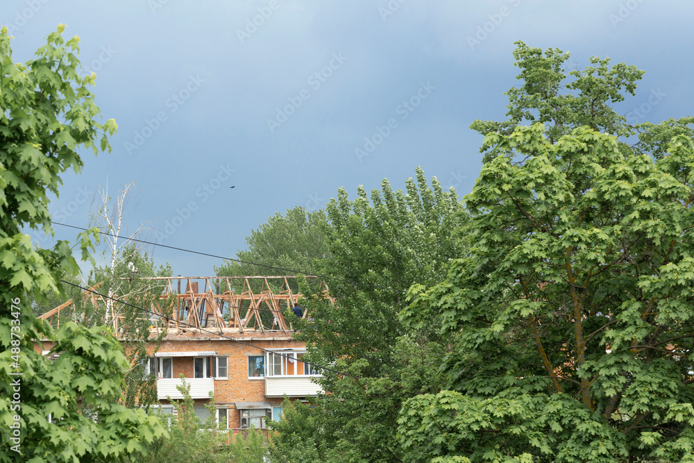 Repair of the roof and ceilings on an old five-story Soviet building in Russia Repair of the roof and ceilings on an old five-story Soviet building in Russia