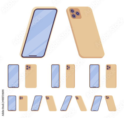 Smartphone, unlocked cellphone, mobile phone without power button. Vertical golden metallic device. Vector flat style cartoon illustration isolated, white background, different views and positions