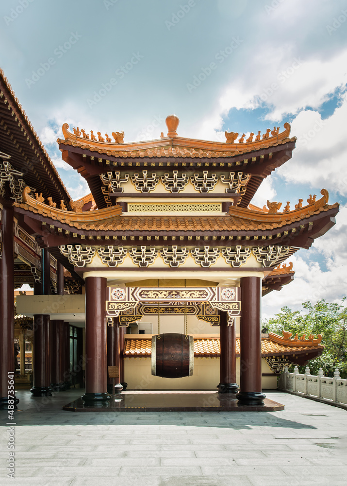 Chinese architecture pavilion with red pillars used for keep A big traditiona drum at Fo Guang San Temple. Selective focus. Chinese architecture pavilion with red pillars used for keep A big traditiona drum at Fo Guang San Temple. Selective focus.