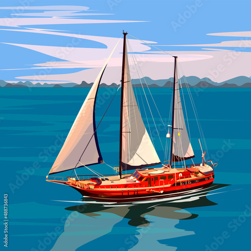red yacht at sea