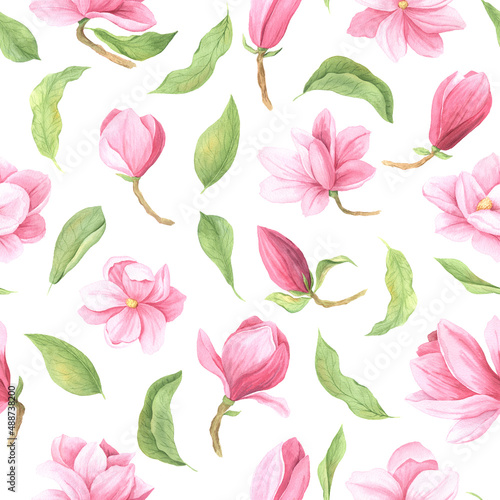 Seamless pattern with hand painted watercolor magnolia flowers