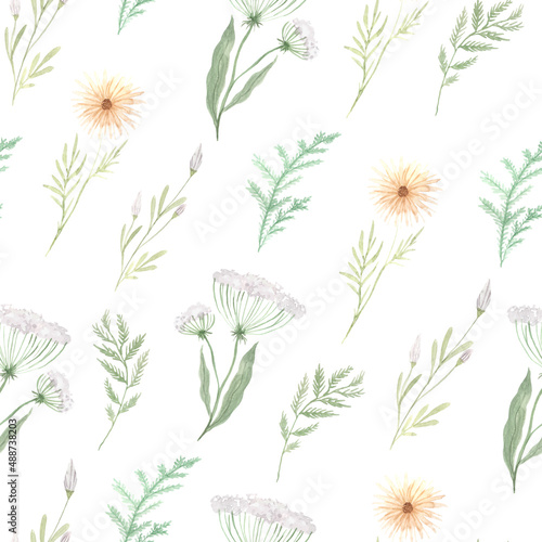 Seamless pattern with watercolor hand painted wildflowers