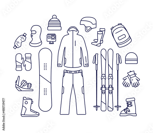 Set of snowboarding and skiing outline icons. Snowboarding and skiing equipment. Set of icons for infographics