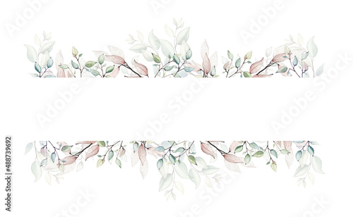 Watercolor painted floral frame. Arrangement with branches and leaves. Vector border