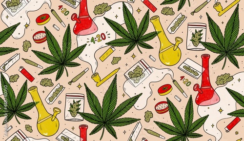 Seamless doodle pattern with cannabis leaves,  buds and joints. Weed background. 