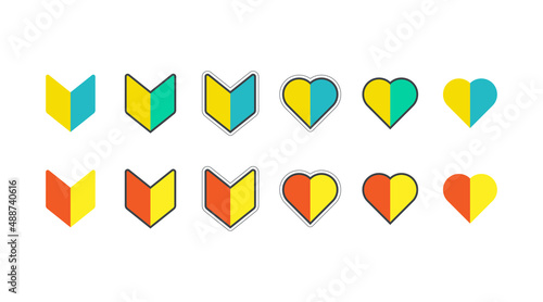 Japanese symbol for beginner new drivers. A yellow blue and green shield symbol, heart shape, called a Shoshinsha  Wakaba mark.