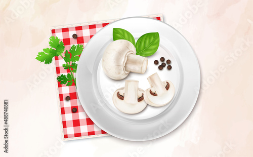 Vector illustration of mushroom vegetable and vegetable slices with basil leaves and black pepper seeds