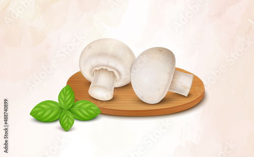 Two fresh mushrooms champignons vector illustration with round wooden chopping board and basil leaves