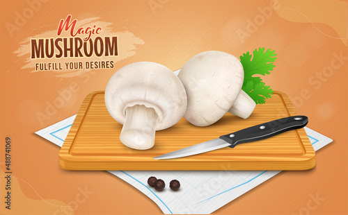 Fresh edible champignon mushrooms with a sharp knife on a wooden chopping board on brown background