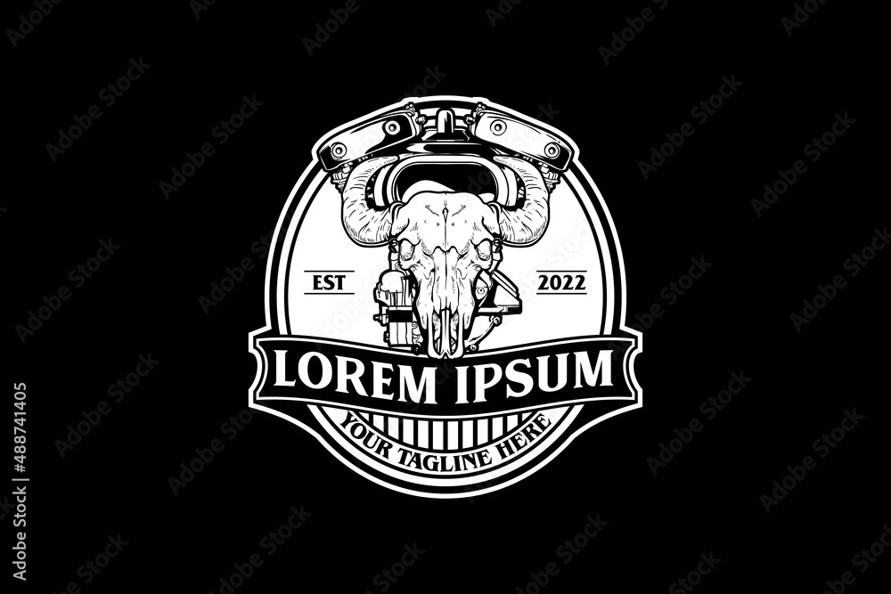 Fototapeta premium Buffalo skull with motorbike v-twin engine vector logo template