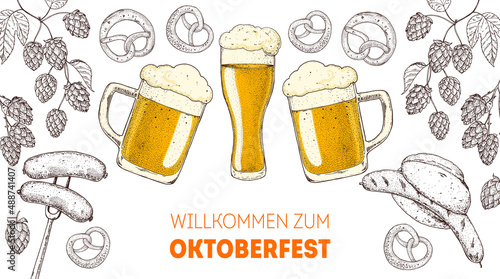 Oktoberfest menu design template. Beer glass and hops. German food sketch. Hand drawn vector illustration. German cuisine. Black and white. Engraved style. Hand drawn food, sketch illustration.