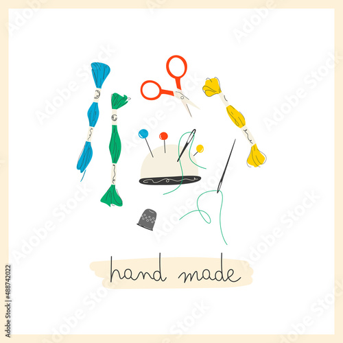 Various needlework tools. Embroidery threads, scisson, needle, pincushion, thimble. Cartoon style.