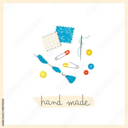 Various needlework tools. Threads, buttons, needle, fabric, safety pin. Cartoon style.