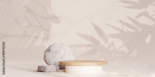 stone with rounded wood podium on earth tone colour background for product presentation. Natural beauty pedestal, relaxation and health, 3d illustration..