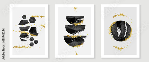 Set of abstract wall art template. Elegant design with hexagon shapes, half circle and circle in black hand painted. Golden texture design for wall decoration, interior, prints, cover, and postcard.