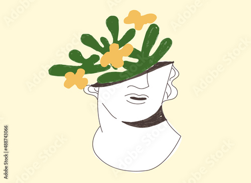 Greek sculpture with green mind, greece abstract contemporary statue. Matisse shape art. Creative positive ancient character. Organic leaf grow inside head. Positive mindset vector illustration