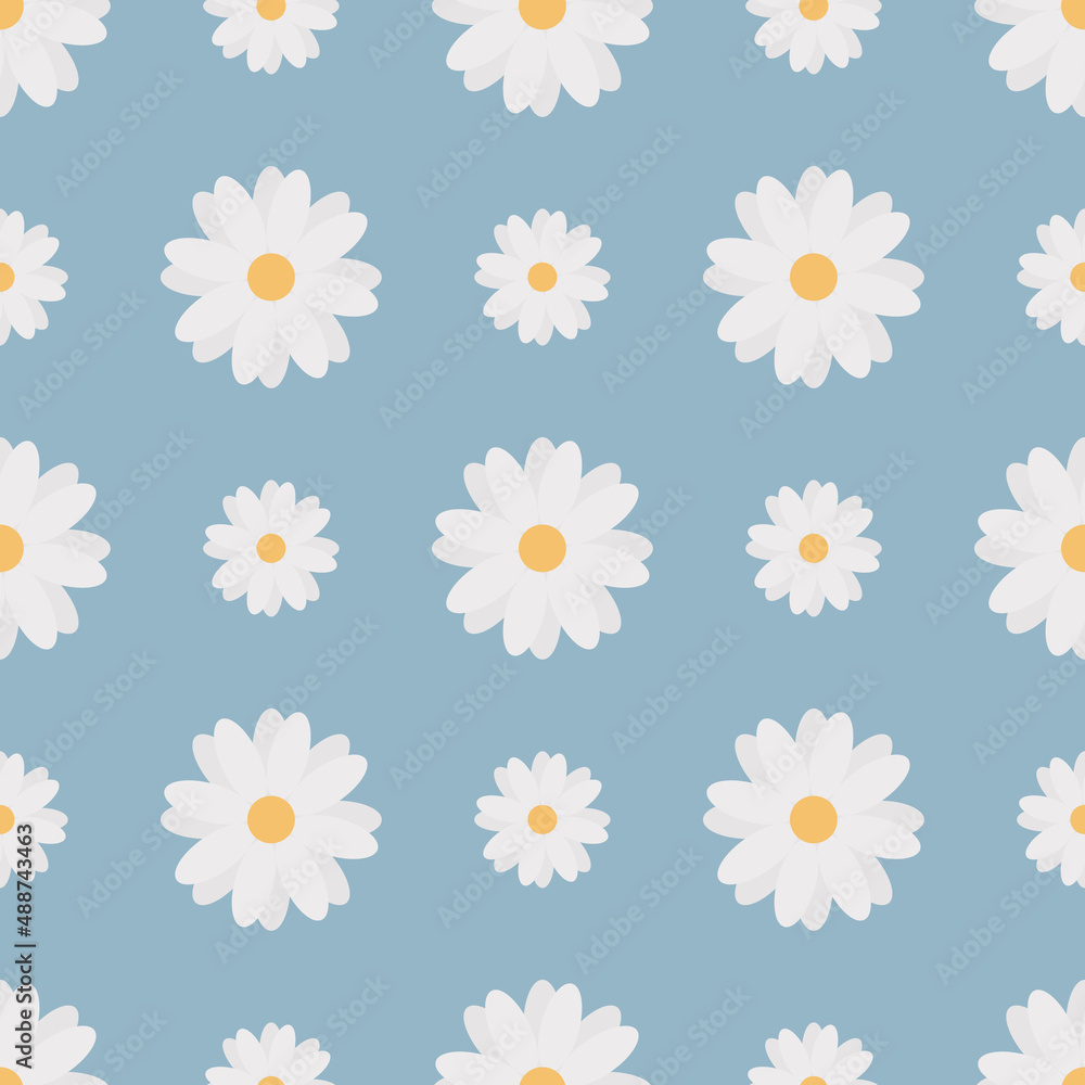 Camomiles. Delicate white flowers. Repeating vector pattern. Isolated blue background. White daisies. Seamless summer ornament. Delicate floral background. Flat style. Flowering plant. 