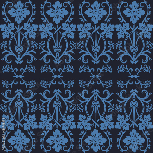 Seamless pattern in black ang blue, vintage Victorian floral ornament of field flowers, scrolls and swirls