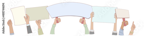 Protesters banners. Concept of hands hold different banners. peace protest poster and blank vote placards. Manifestation protest, holding demonstration placard