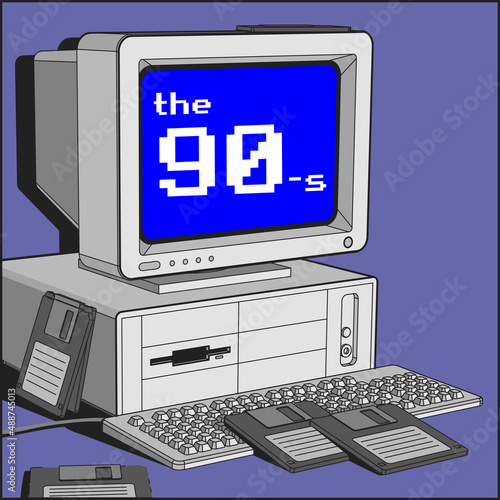 Vector cartoon style illustration of a retro personal computer for home or office. Several floppy disks around. The 90-s inscription on the blue screen. Nineties vibes. Very peri colored background