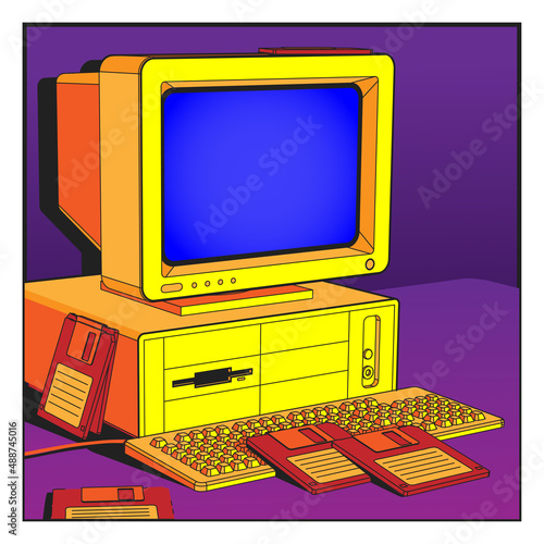 Vector comic book frame style ilustration of retro computer, keyboard and several floppy disks. Bright colors, the spirit of the nineties, old good days vibe. 