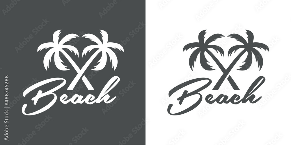 Destino de vacaciones. Banner con texto Beach con silueta de 2 palmeras con forma de aspa en fondo gris y fondo blanco