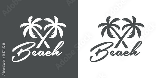 Destino de vacaciones. Banner con texto Beach con silueta de 2 palmeras con forma de aspa en fondo gris y fondo blanco