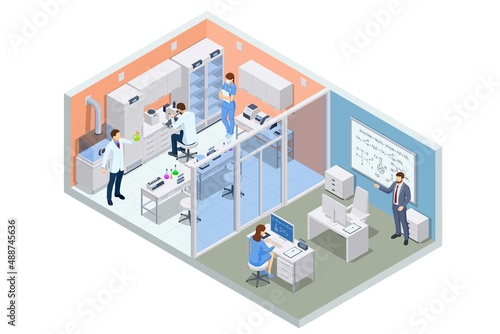 Isometric chemical laboratory concept. Laboratory assistants work in scientific medical chemical or biological lab setting experiments. Laboratory diagnostic