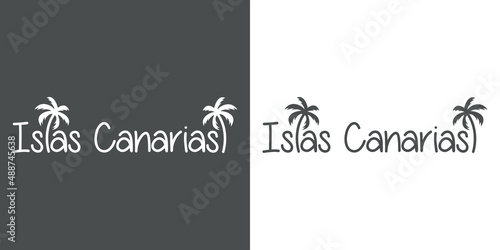 Canarias Beach. Destino de vacaciones. Banner con texto Islas Canarias con letra con forma de silueta de palmera en fondo gris y fondo blanco