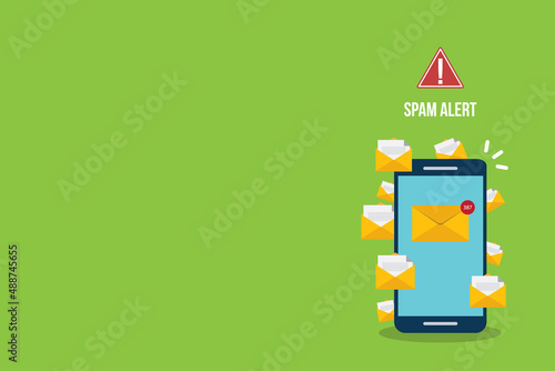 Spamming concept, a lot of emails on the screen of a smart phone. Email box hacking, spam warning. Vector illustration.