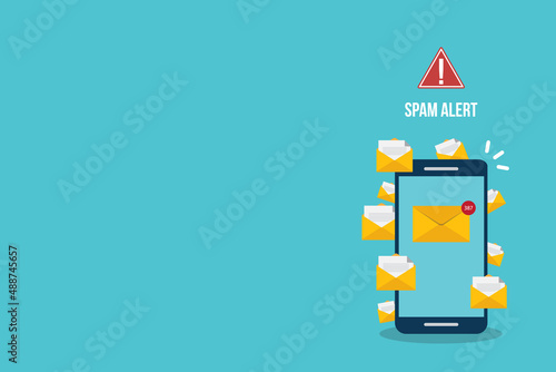 Spamming concept, a lot of emails on the screen of a smart phone. Email box hacking, spam warning. Vector illustration.