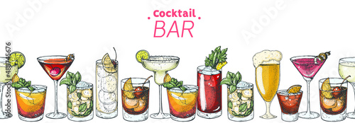 Alcoholic cocktails hand drawn vector illustration. Cocktails set. Bar menu design elements. Hand drawn collection. Horizontal seamless illustration.