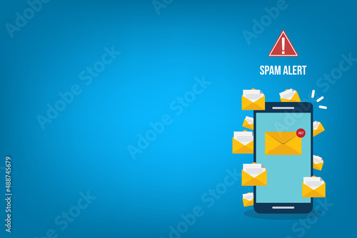 Spamming concept, a lot of emails on the screen of a smart phone. Email box hacking, spam warning. Vector illustration.