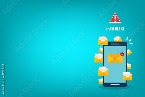 Spamming concept, a lot of emails on the screen of a smart phone. Email box hacking, spam warning. Vector illustration. photo