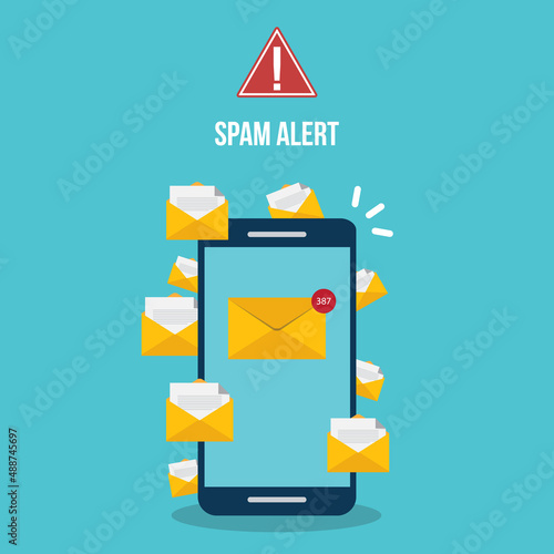 Spamming concept, a lot of emails on the screen of a smart phone. Email box hacking, spam warning. Vector illustration.